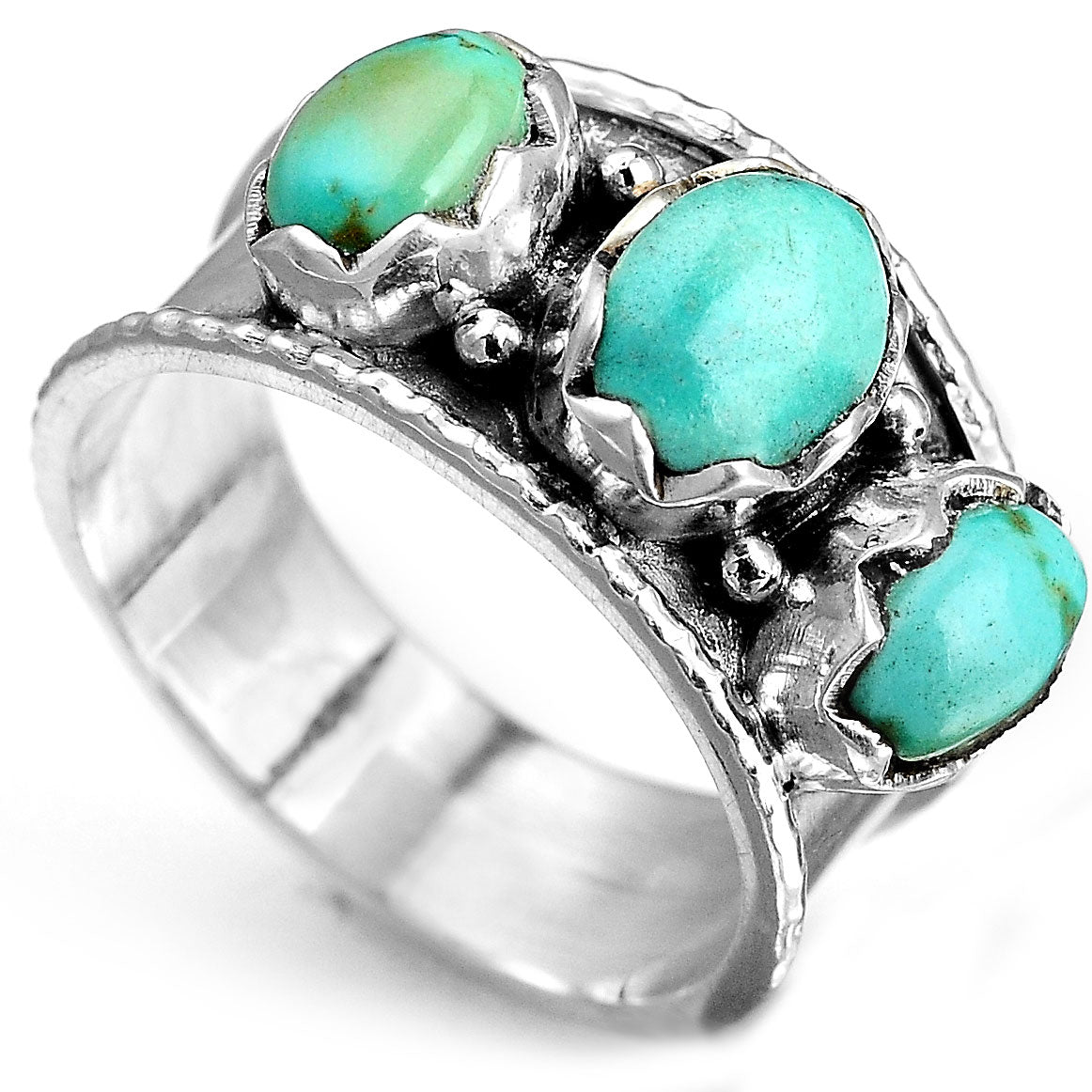 Sterling Silver Three Stone Authentic Turquoise Ring