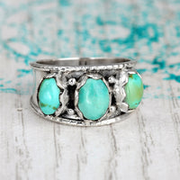 Sterling Silver Three Stone Authentic Turquoise Ring - Boho Magic