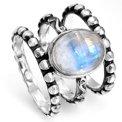 Large Rainbow Moonstone Ring Sterling Silver - Boho Magic