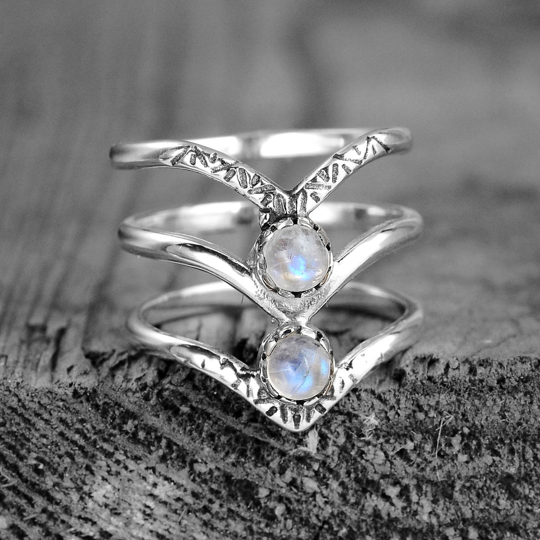 Triple Chevron Boho Ring with Moonstone Sterling Silver