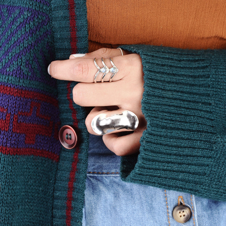 Triple Chevron Boho Ring with Moonstone Sterling Silver