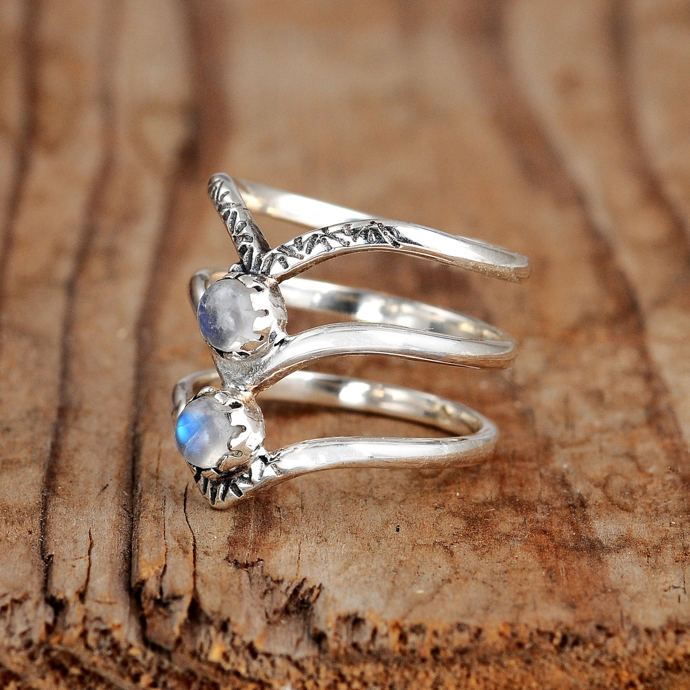 Triple Chevron Boho Ring with Moonstone Sterling Silver