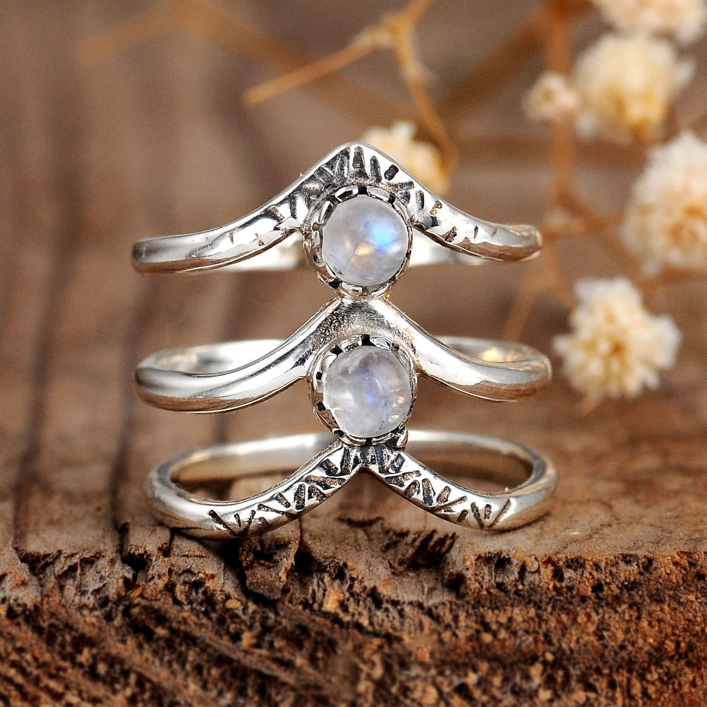Triple Chevron Boho Ring with Moonstone Sterling Silver