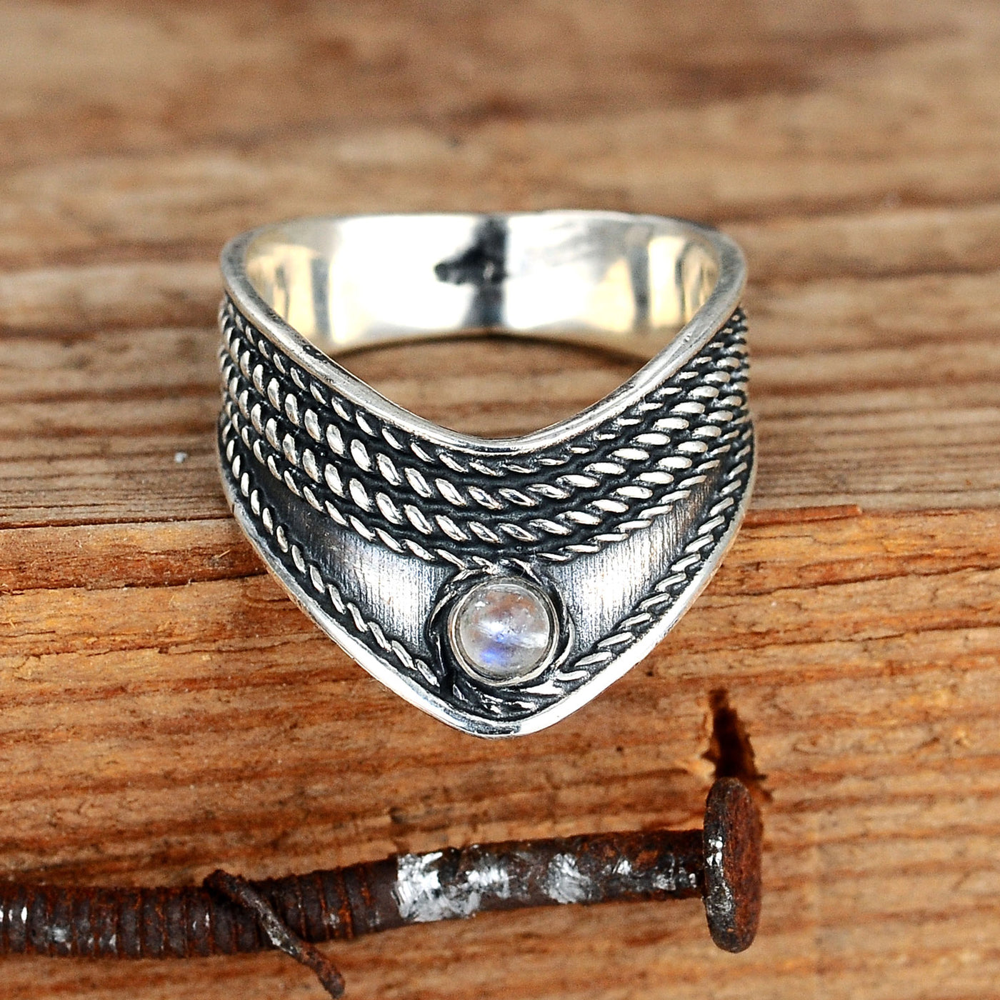 Chevron Thumb Ring with Moonstone Sterling Silver