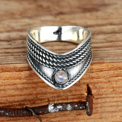 Chevron Thumb Ring with Moonstone Sterling Silver - Boho Magic
