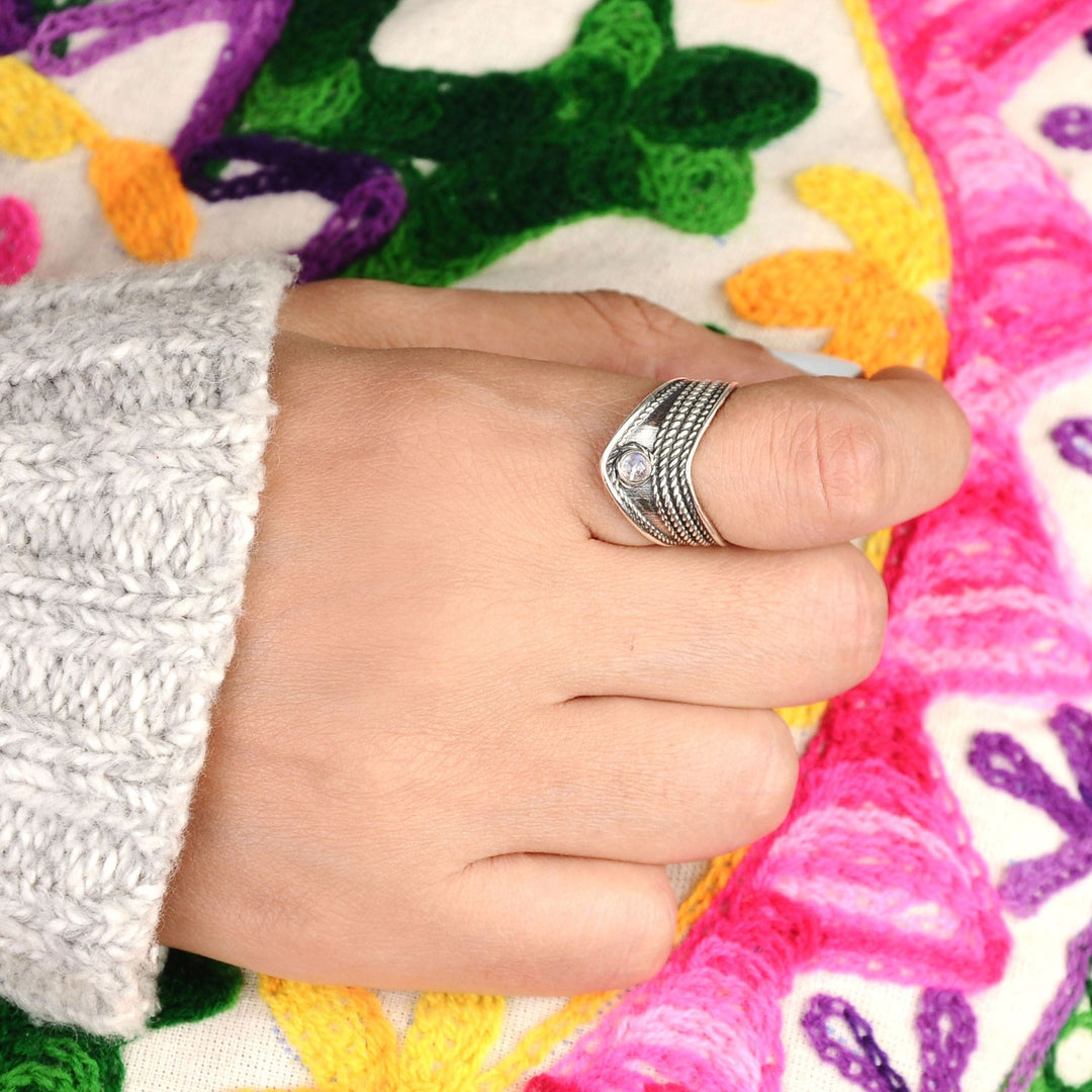 Chevron Thumb Ring with Moonstone Sterling Silver