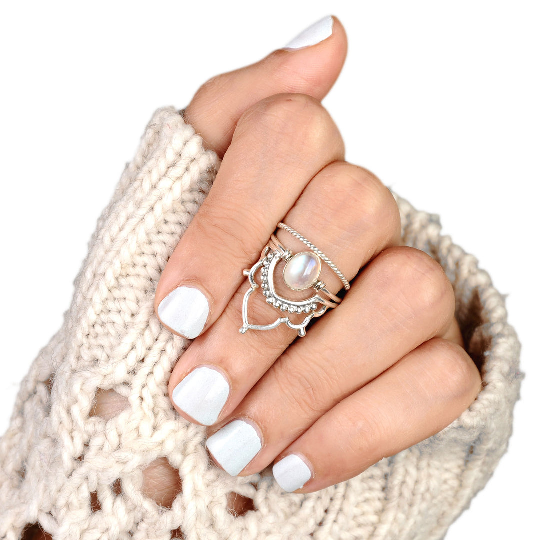 Sterling Silver Boho Ring Set with Rainbow Moonstone