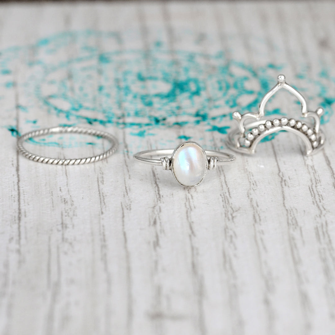 Sterling Silver Boho Ring Set with Rainbow Moonstone