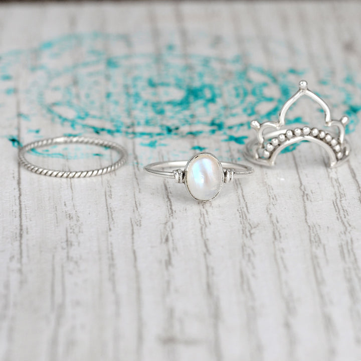 Sterling Silver Boho Ring Set with Rainbow Moonstone