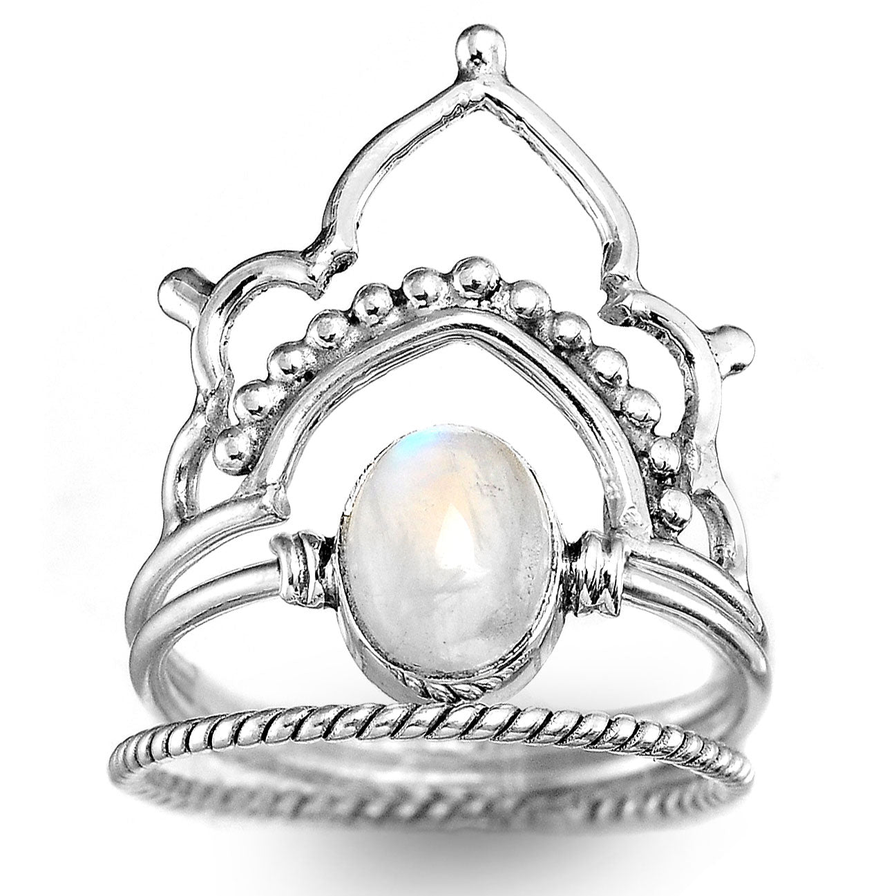 Sterling Silver Boho Ring Set with Rainbow Moonstone