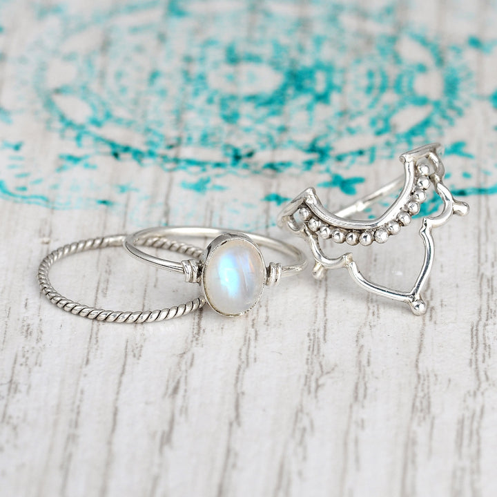 Sterling Silver Boho Ring Set with Rainbow Moonstone