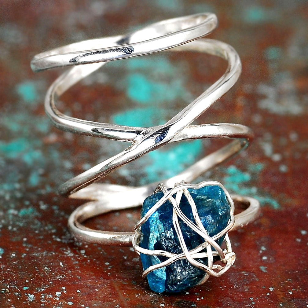 Natural Raw Apatite Wire Wrapped Ring Sterling Silver