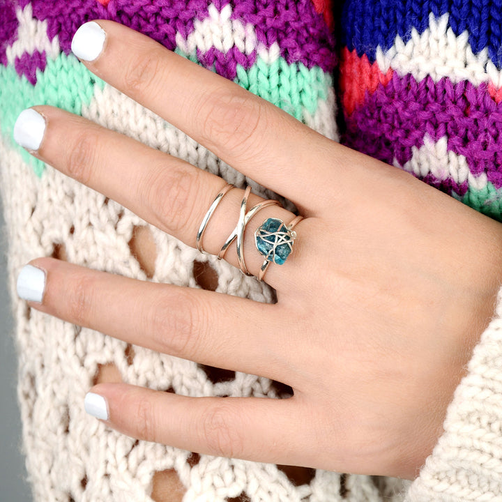 Natural Raw Apatite Wire Wrapped Ring Sterling Silver