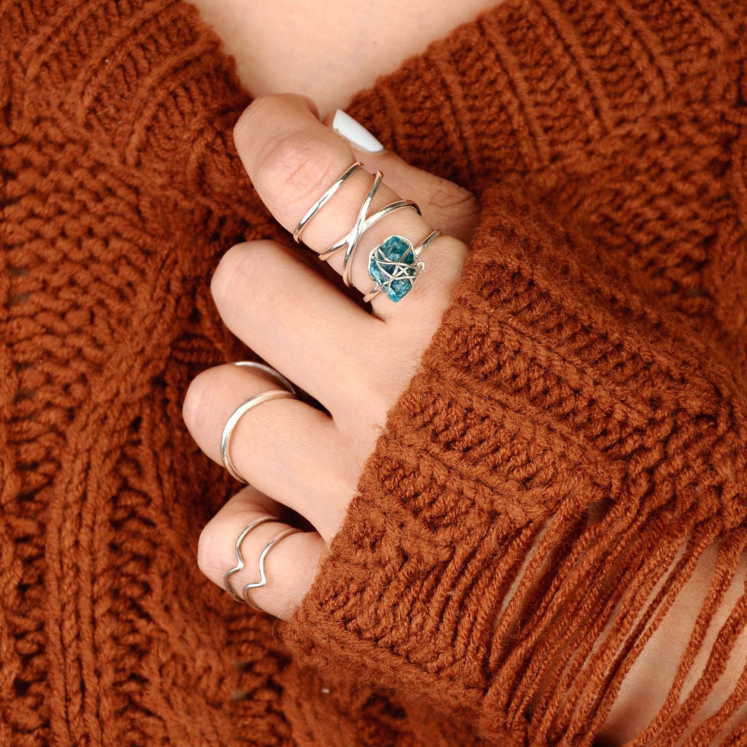 Natural Raw Apatite Wire Wrapped Ring Sterling Silver