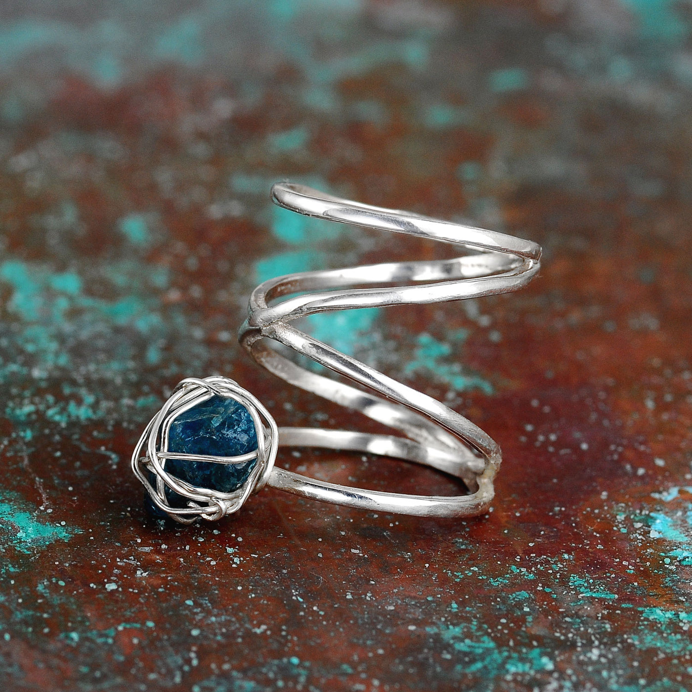 Natural Raw Apatite Wire Wrapped Ring Sterling Silver