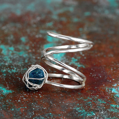 Natural Raw Apatite Wire Wrapped Ring Sterling Silver - Boho Magic