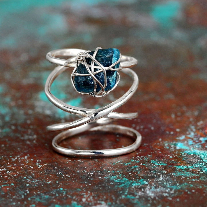 Natural Raw Apatite Wire Wrapped Ring Sterling Silver