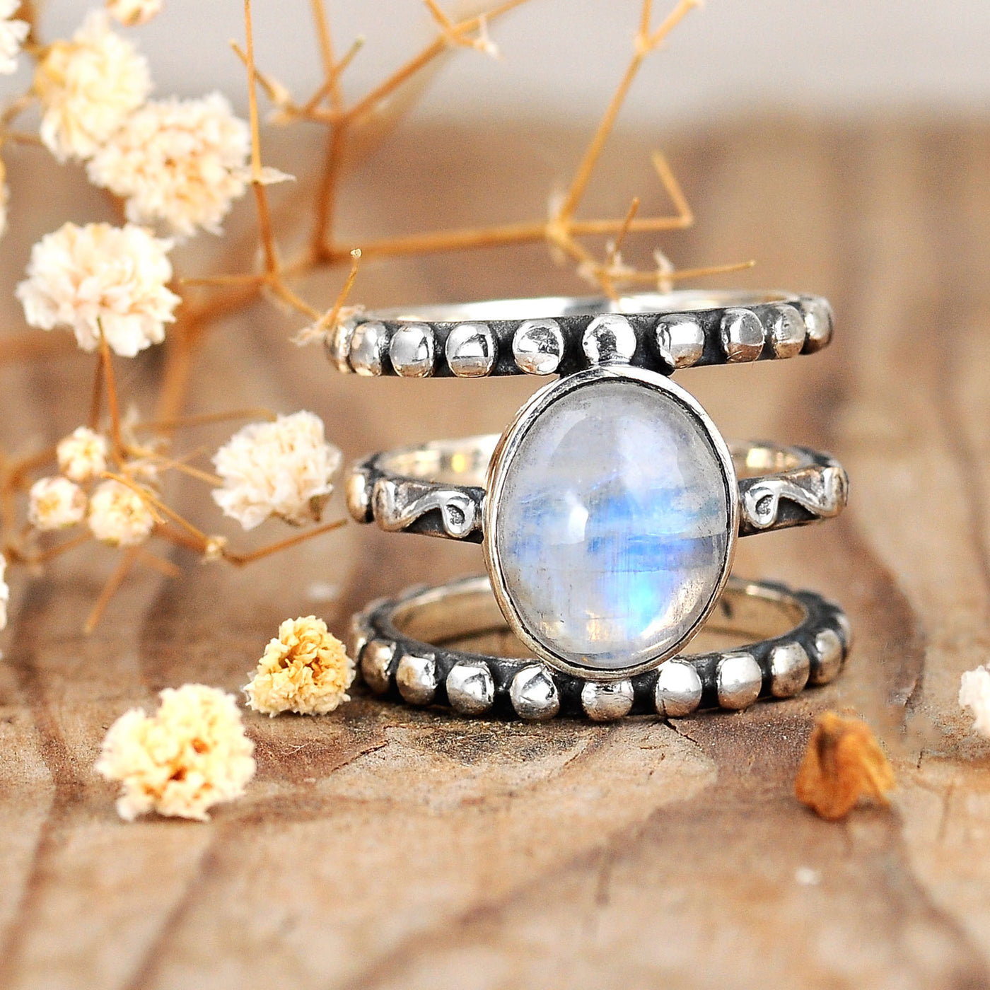 Large Rainbow Moonstone Ring Sterling Silver