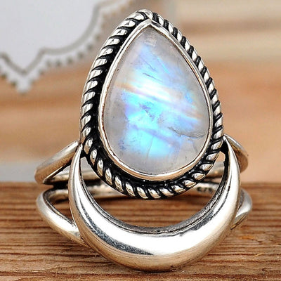 Sterling Silver Crescent Moon Moonstone Ring - Boho Magic