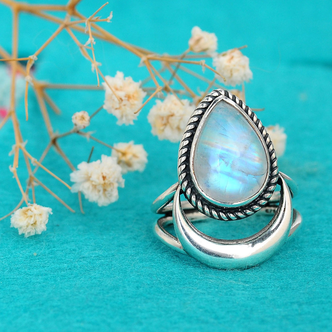 Large Moonstone Silver 925 Adjustable Ring-Boho Jewelry-Uniqu Silversmith-Design Ring-Unique Piece-Gems-Cosplay outlets Jewelry-Crescent Moon Carved