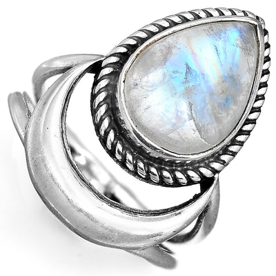 Sterling Silver Crescent Moon Moonstone Ring - Boho Magic
