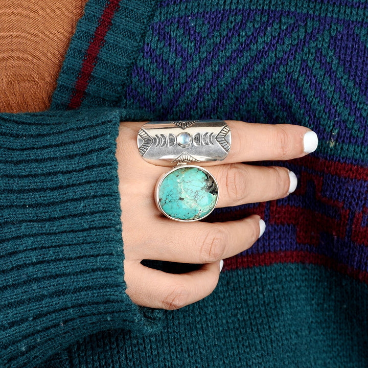 Full Finger Moon Phase Ring with Moonstone Sterling Silver