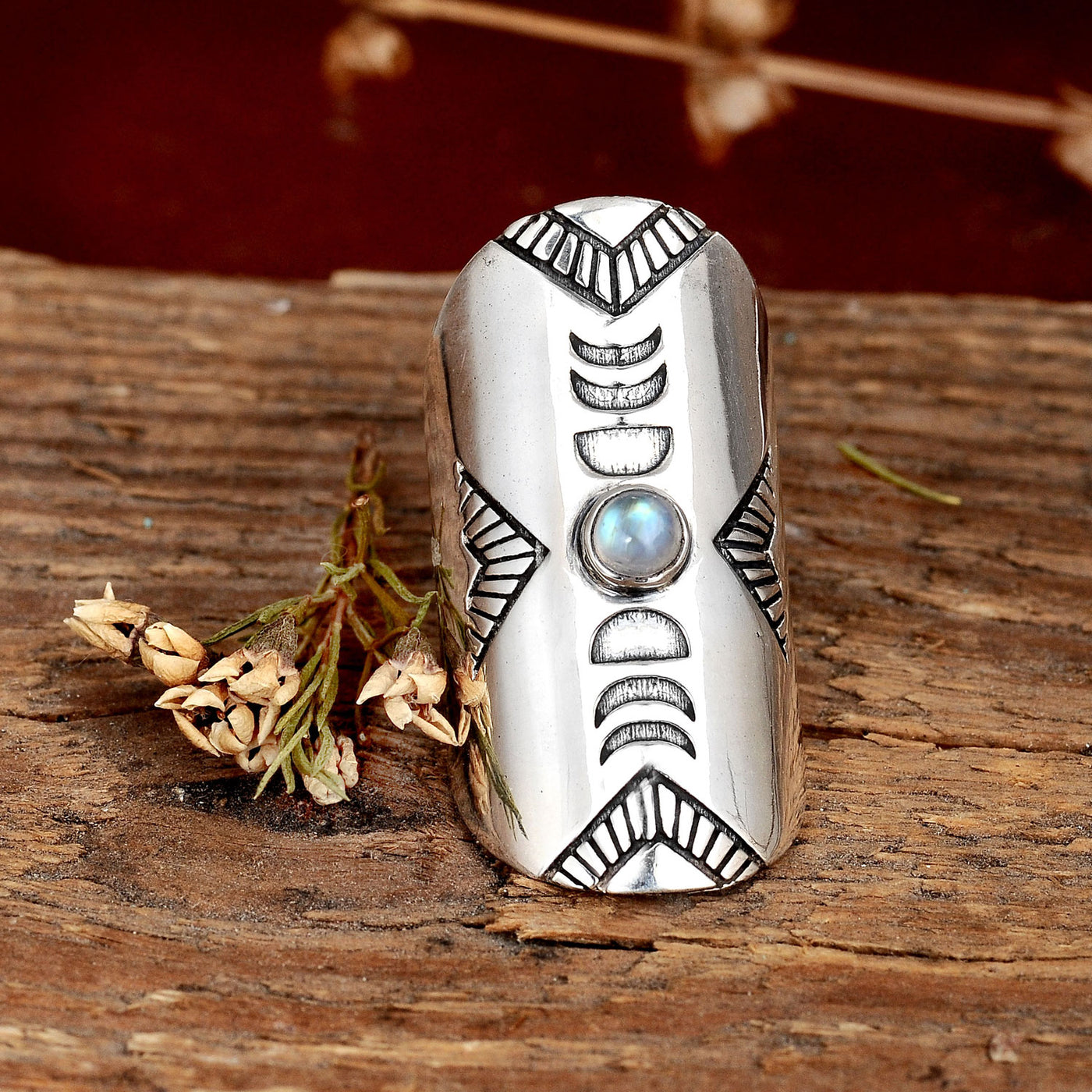 Full Finger Moon Phase Ring with Moonstone Sterling Silver
