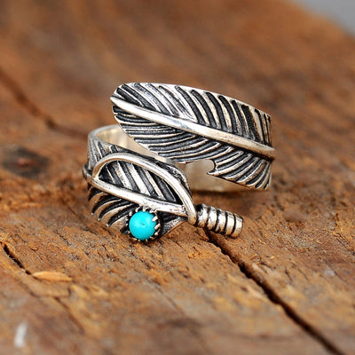 Feather Ring with Turquoise Stone Sterling Silver - Boho Magic