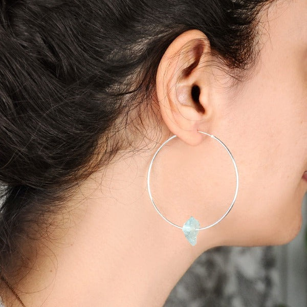 Hoop Earrings with Raw Aquamarine Charm