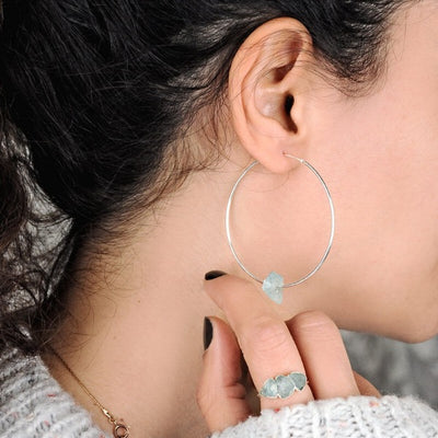 Hoop Earrings with Raw Aquamarine Charm - Boho Magic