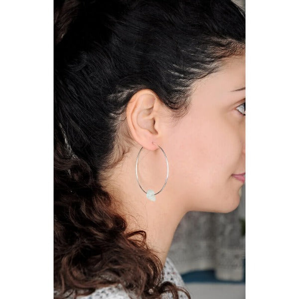 Hoop Earrings with Raw Aquamarine Charm