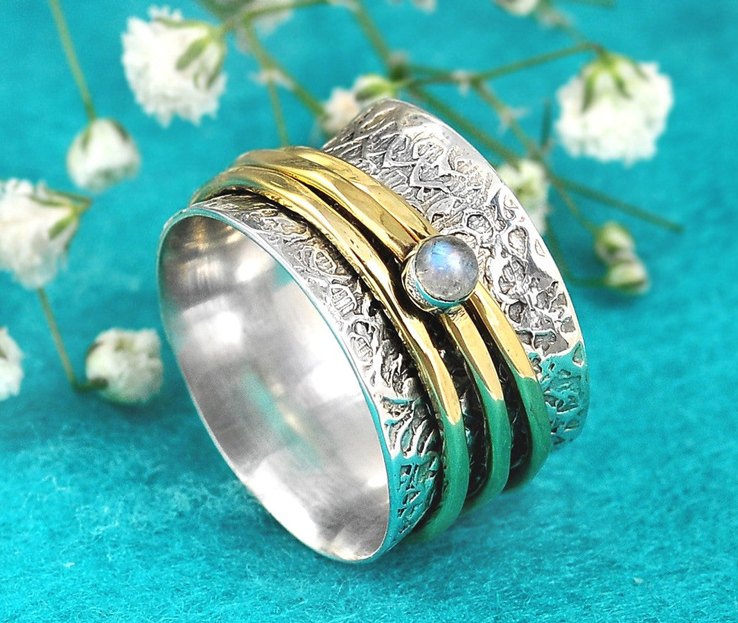 Two Tone Spinner Ring with Moonstone Sterling Silver