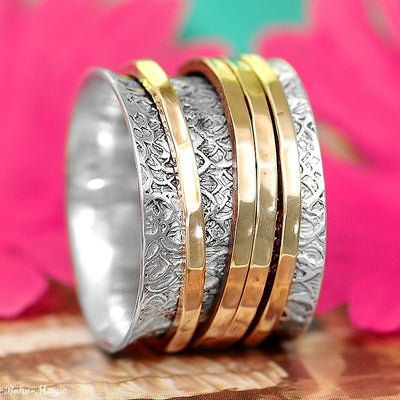 Textured Silver & Gold Brass Spinner Ring - Boho Magic