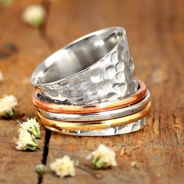 Spinning Wide Band Hammered Silver Ring