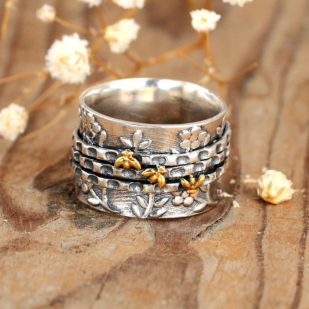 Flowers Spinner Ring with Tiny Bees Sterling Silver