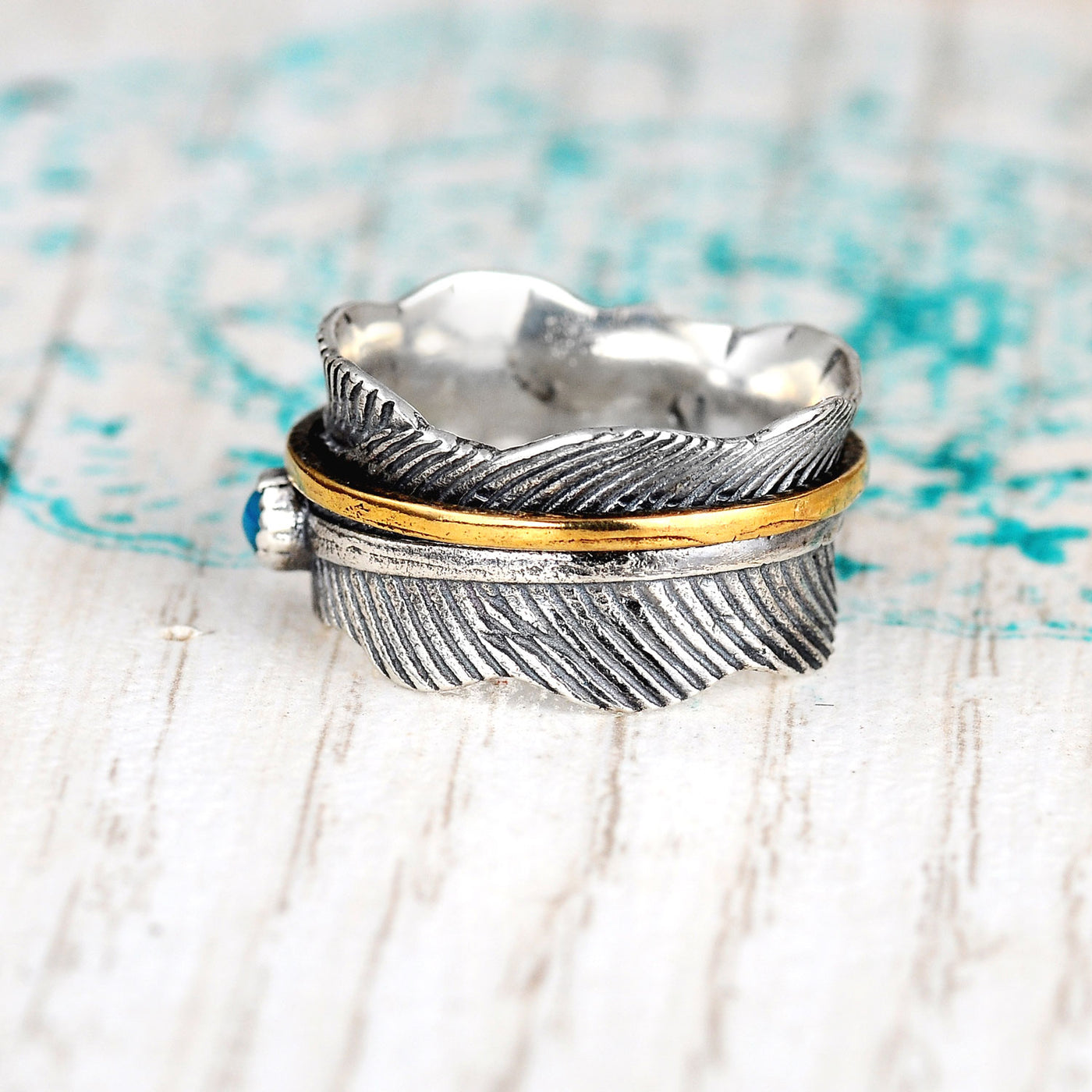 Spinning Feather Ring with Turquoise Sterling Silver