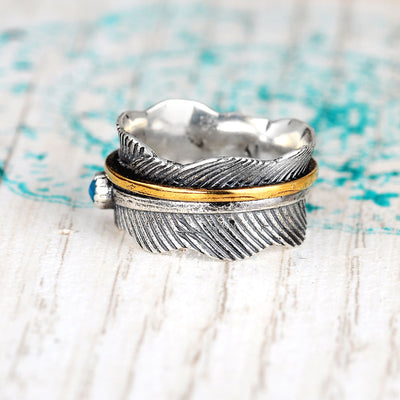 Spinning Feather Ring with Turquoise Sterling Silver - Boho Magic