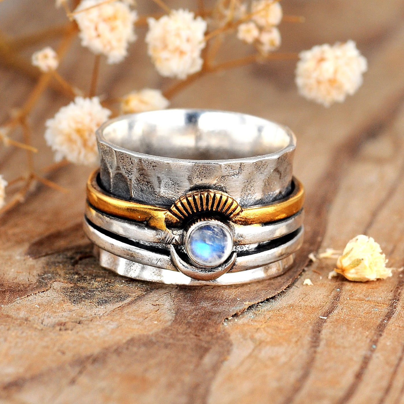 Fidget Sun and Moon Ring with Moonstone Sterling Silver