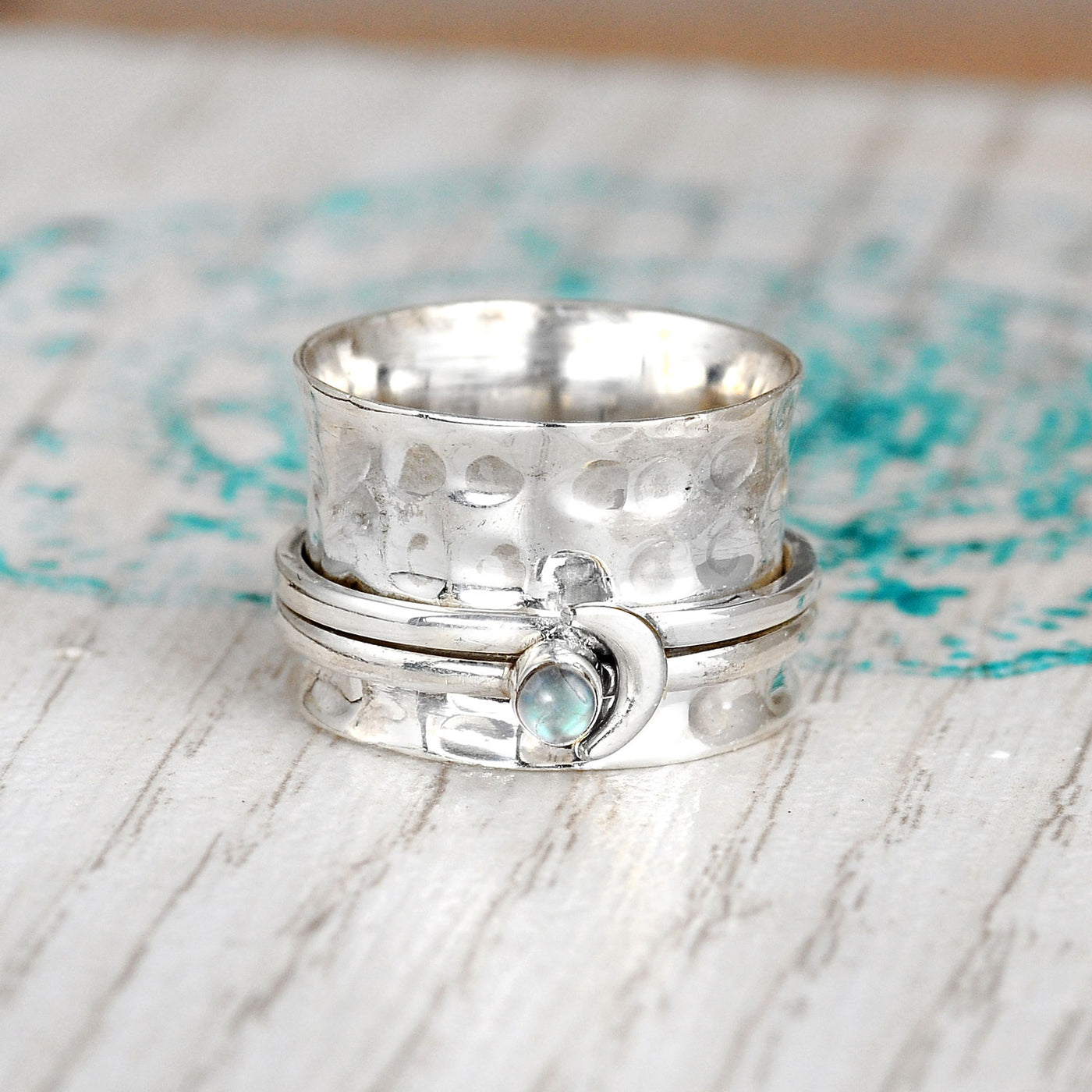 Moon and Moonstone Spinner Ring Sterling Silver