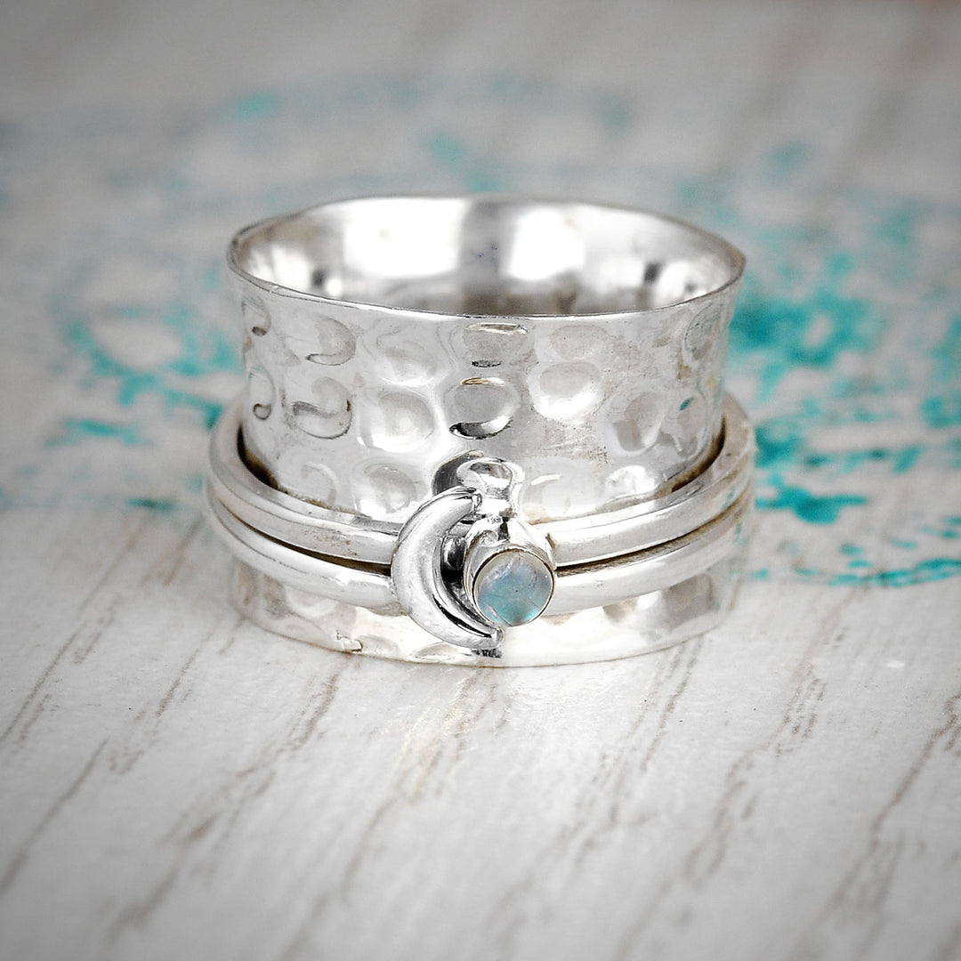 Moon and Moonstone Spinner Ring Sterling Silver