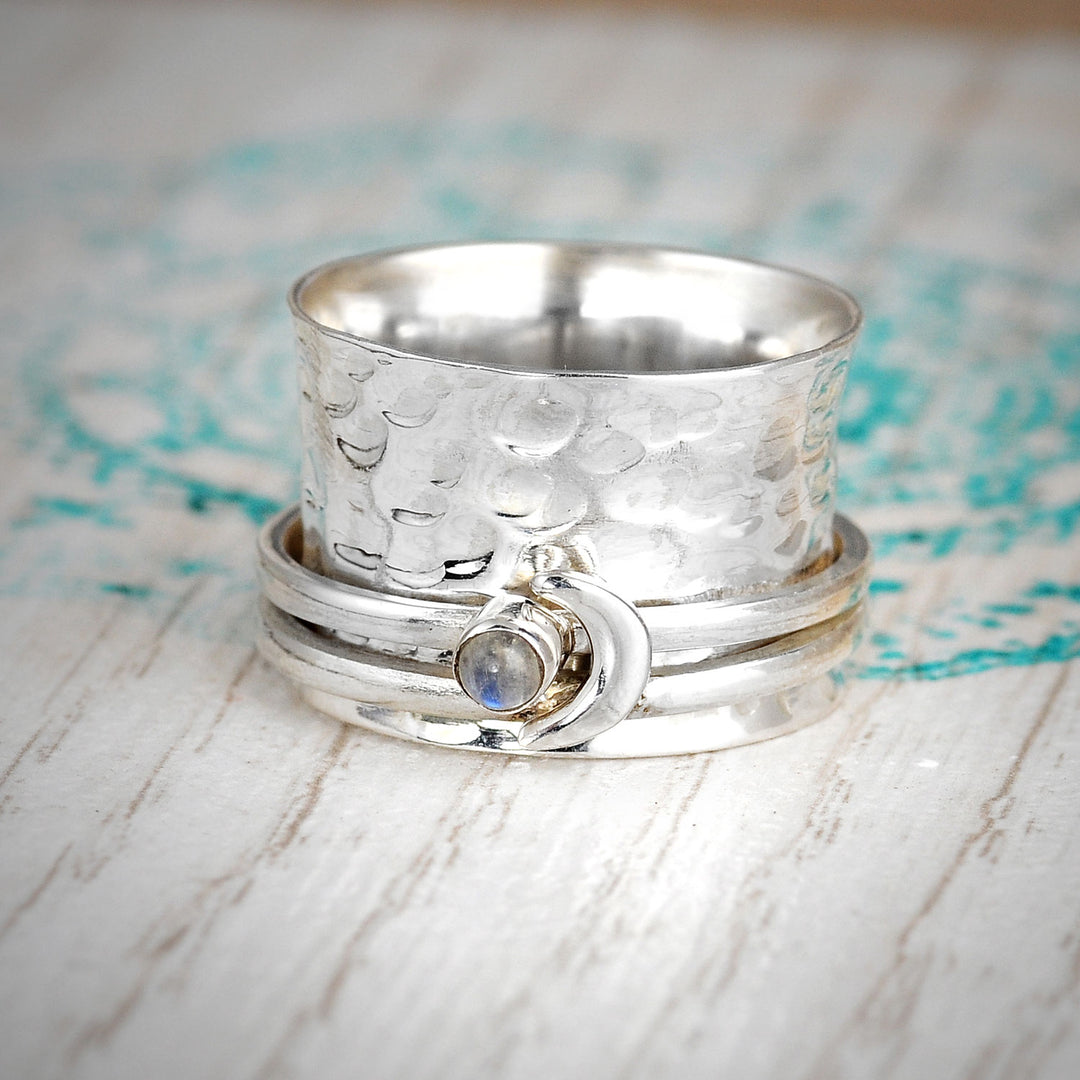 Moon and Moonstone Spinner Ring Sterling Silver