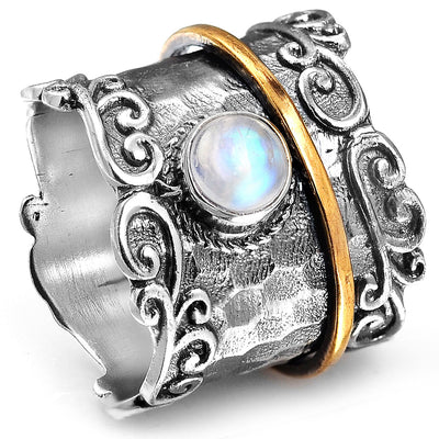 Wide Band Spinner Moonstone Ring Sterling Silver - Boho Magic