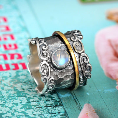 Wide Band Spinner Moonstone Ring Sterling Silver - Boho Magic