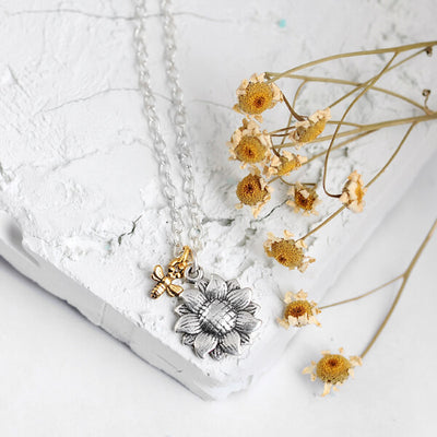 Sterling Silver Sunflower and Bee Necklace - Boho Magic