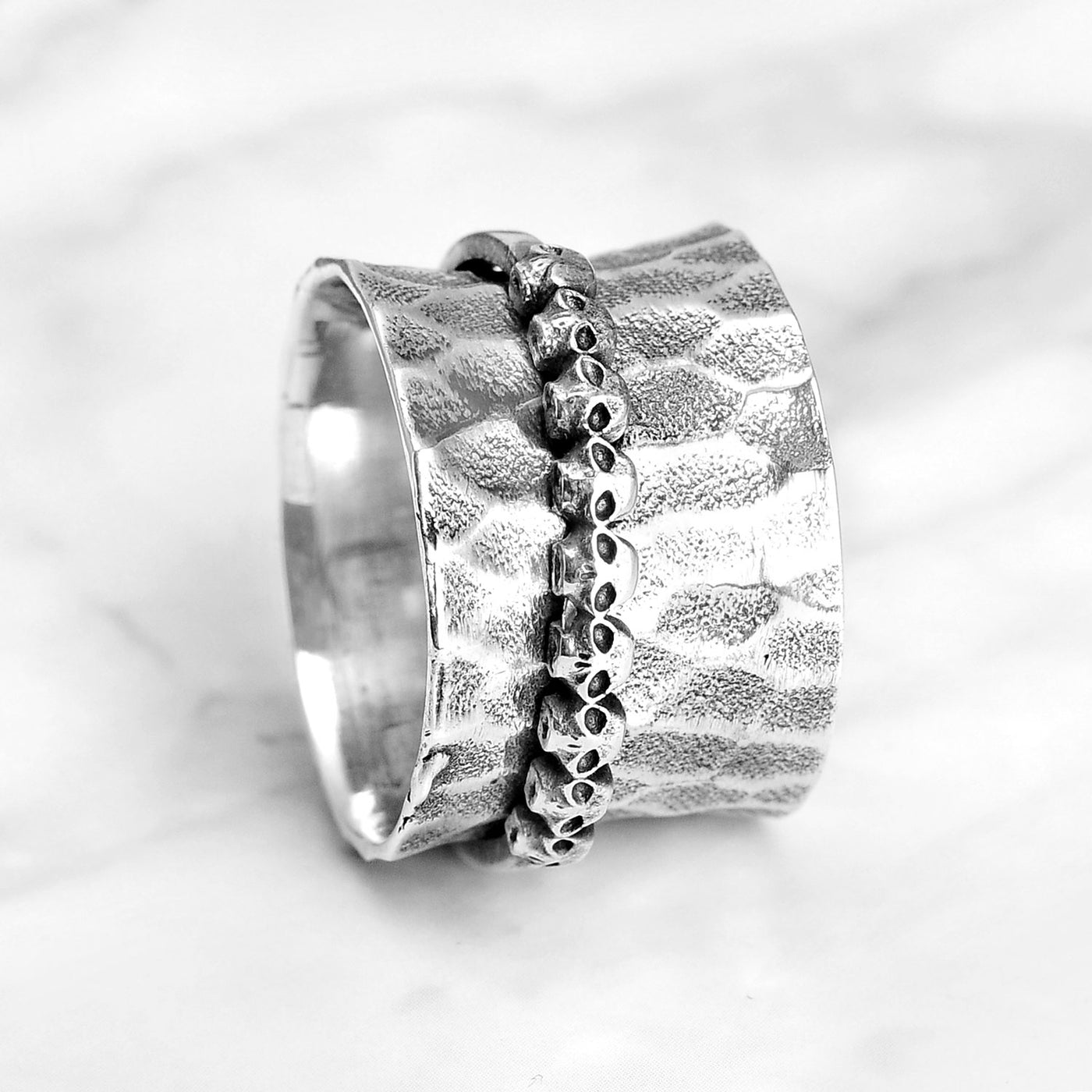 Wide Fidget Spinner Ring with skulls Sterling Silver