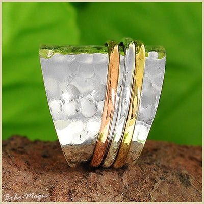 Spinning Wide Band Hammered Silver Ring - Boho Magic