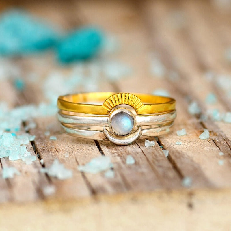 Sun and Moon Moonstone Stacking Ring Set Sterling Silver