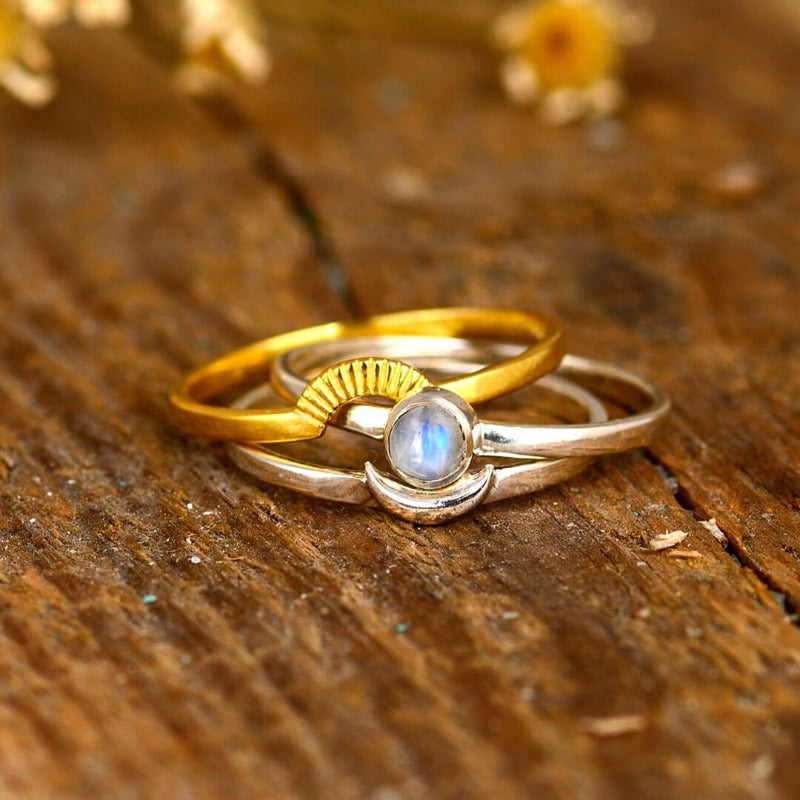 Sun and Moon Moonstone Stacking Ring Set Sterling Silver