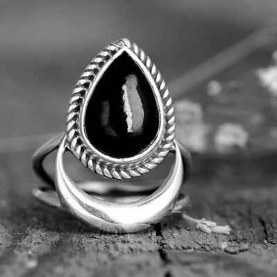 Black Tourmaline Moon Ring Sterling Silver - Boho Magic