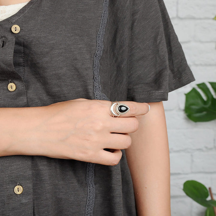 Black Tourmaline Moon Ring Sterling Silver